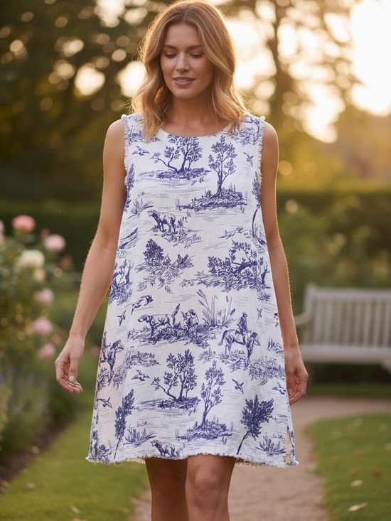 Umgee Dresses & Skirts - Umgee Sleeveless White Dress with Blue Toile Print size L